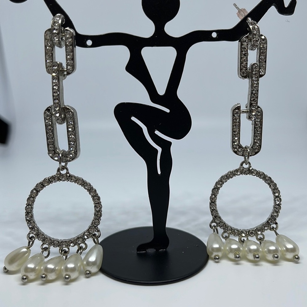 Silver Tone Faux Diamond & Pearl Earrings 2”